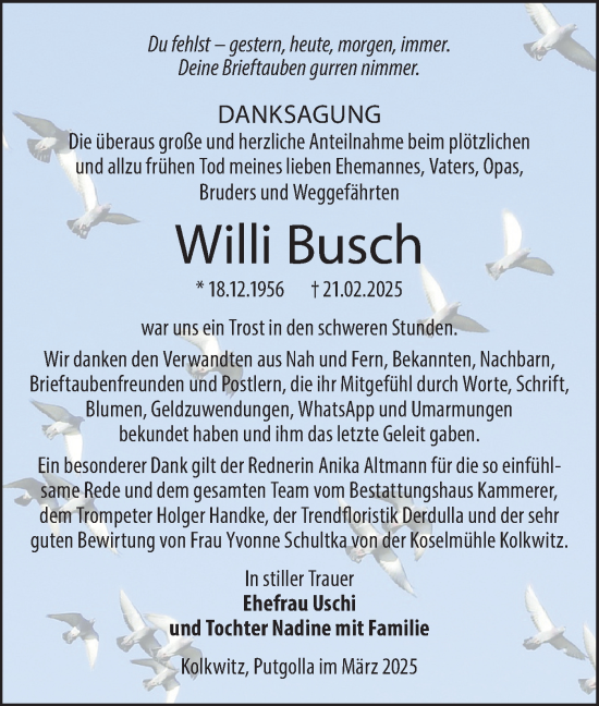 Traueranzeige von Willi Busch von Lausitzer Rundschau