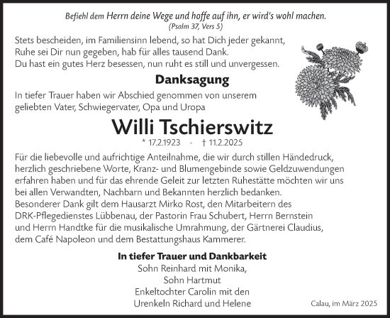 Traueranzeige von Willi Tschierswitz von Lausitzer Rundschau