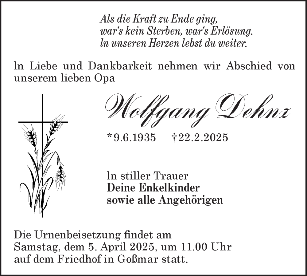  Traueranzeige für Wolfgang Dehnz vom 08.03.2025 aus Lausitzer Rundschau
