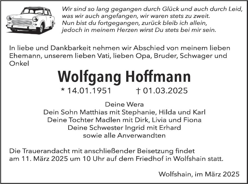  Traueranzeige für Wolfgang Hoffmann vom 08.03.2025 aus Lausitzer Rundschau