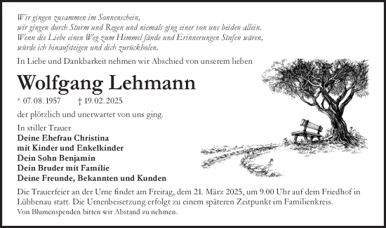 Traueranzeige von Wolfgang Lehmann von Lausitzer Rundschau