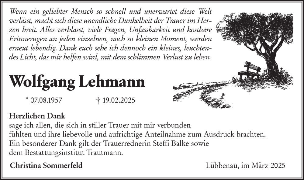  Traueranzeige für Wolfgang Lehmann vom 29.03.2025 aus Lausitzer Rundschau