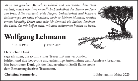 Traueranzeige von Wolfgang Lehmann von Lausitzer Rundschau