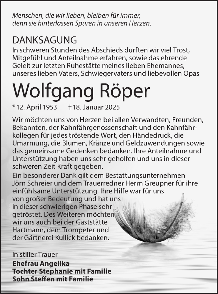  Traueranzeige für Wolfgang Röper vom 22.03.2025 aus Lausitzer Rundschau