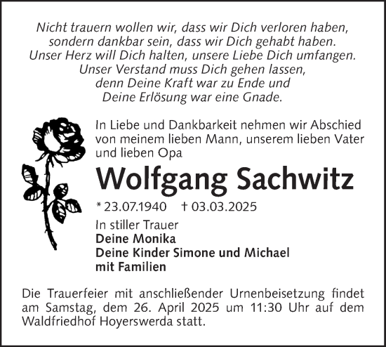 Traueranzeige von Wolfgang Sachwitz von Lausitzer Rundschau