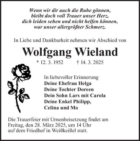 Traueranzeige von Wolfgang Wieland von Lausitzer Rundschau
