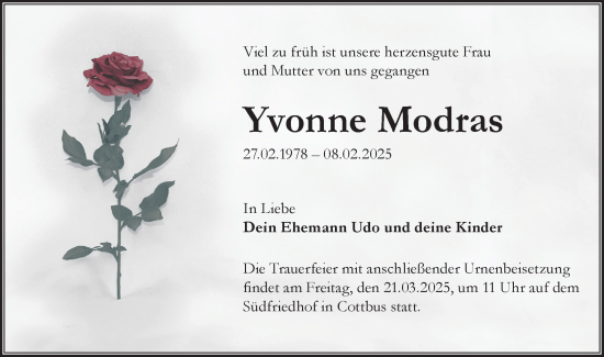 Traueranzeige von Yvonne Modras von Lausitzer Rundschau