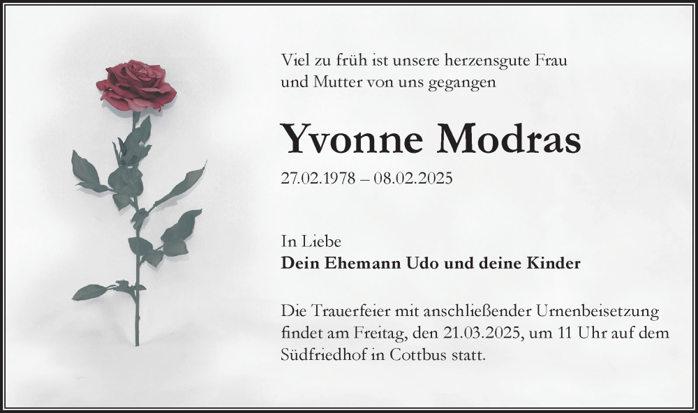  Traueranzeige für Yvonne Modras vom 15.03.2025 aus Lausitzer Rundschau
