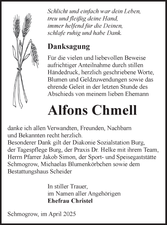 Traueranzeige von Alfons Chmell von Lausitzer Rundschau