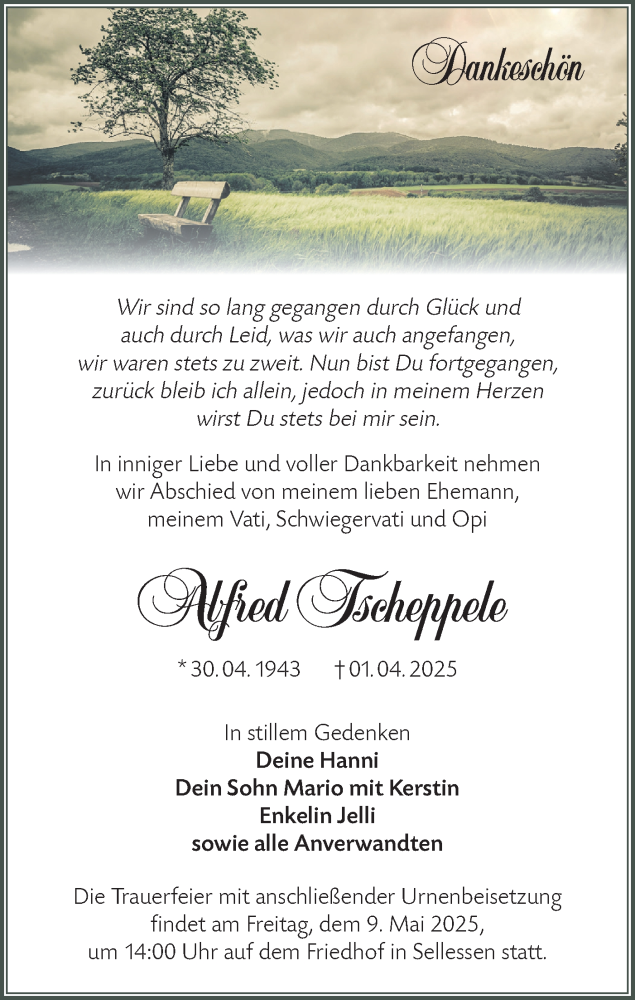  Traueranzeige für Alfred Tscheppele vom 26.04.2025 aus Lausitzer Rundschau