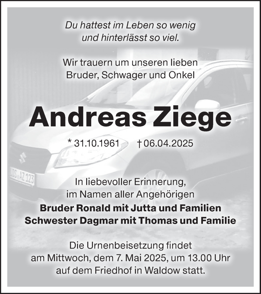  Traueranzeige für Andreas Ziege vom 26.04.2025 aus Lausitzer Rundschau