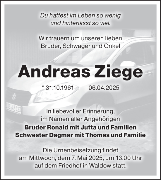 Traueranzeige von Andreas Ziege von Lausitzer Rundschau