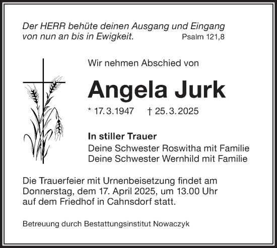 Traueranzeige von Angela Jurk von Lausitzer Rundschau