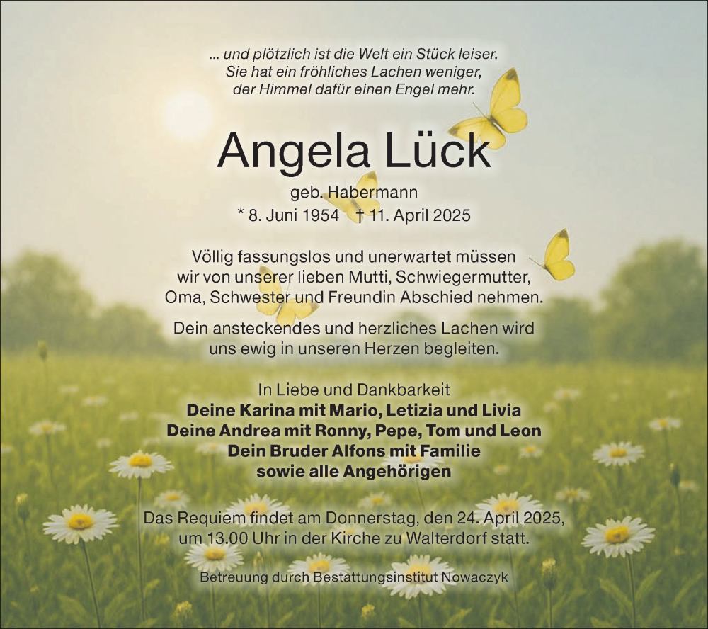 Traueranzeige für Angela Lück vom 17.04.2025 aus Lausitzer Rundschau