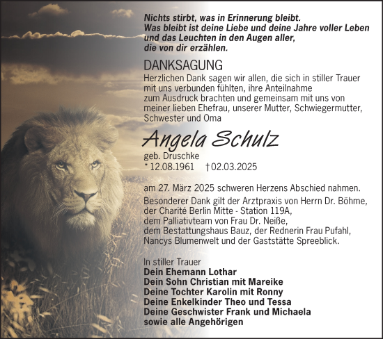 Traueranzeige von Angela Schulz von Lausitzer Rundschau