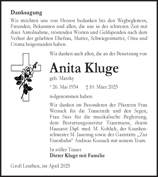 Traueranzeige von Anita Kluge von Lausitzer Rundschau