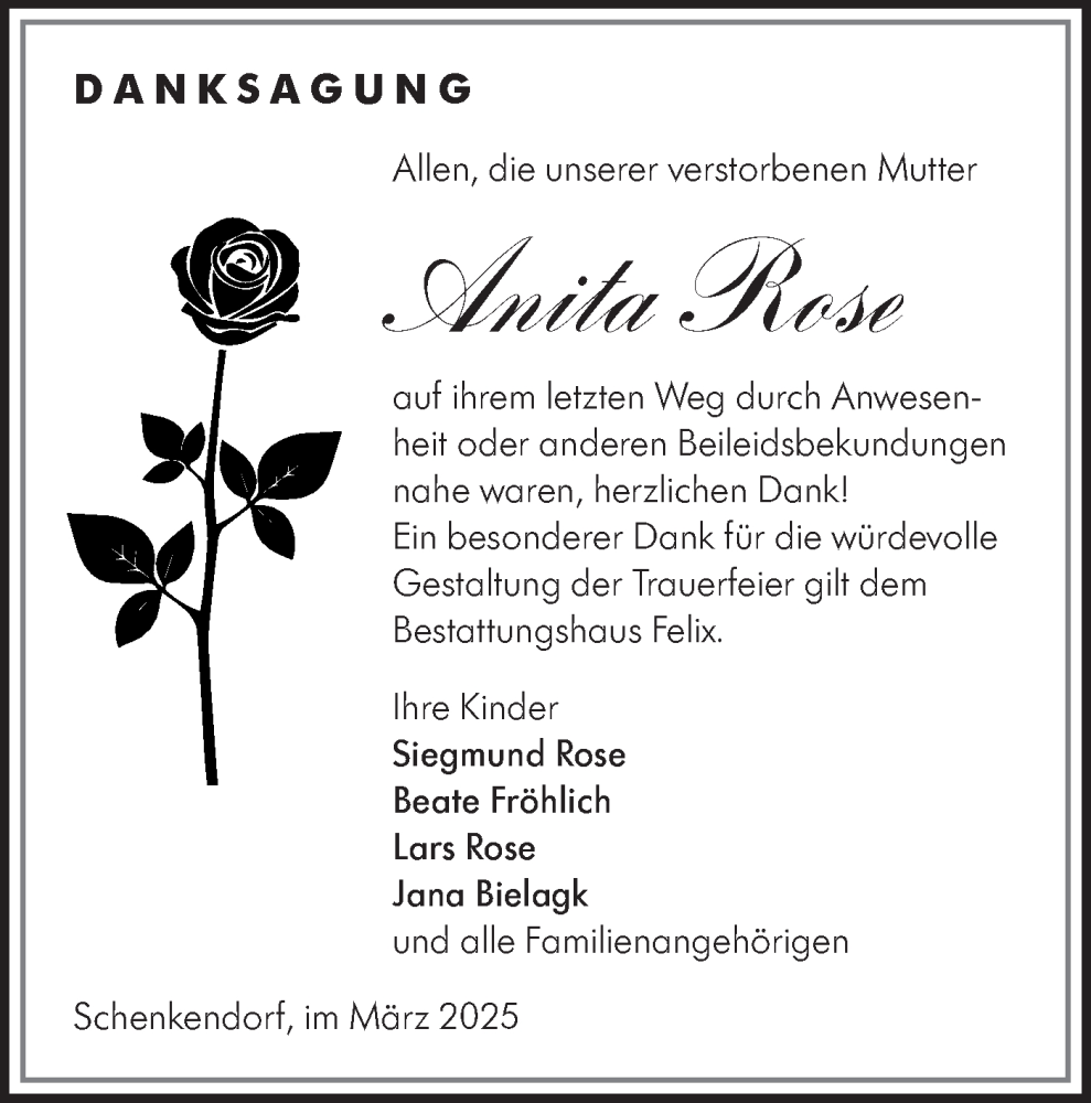  Traueranzeige für Anita Rose vom 05.04.2025 aus Lausitzer Rundschau