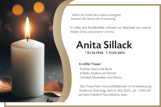 Traueranzeige von Anita Sillack von Lausitzer Rundschau
