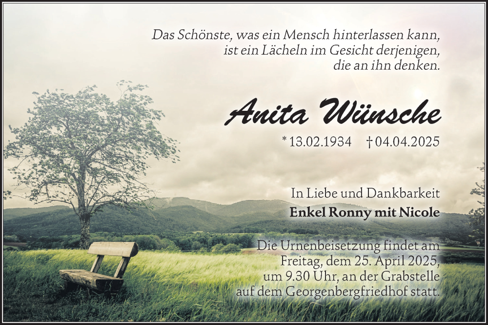  Traueranzeige für Anita Wünsche vom 12.04.2025 aus Lausitzer Rundschau