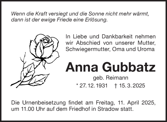 Traueranzeige von Anna Gubbatz von Lausitzer Rundschau