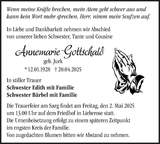 Traueranzeige von Annemarie Gottschald von Lausitzer Rundschau
