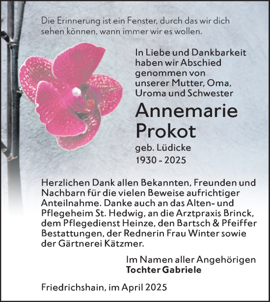 Traueranzeige von Annemarie Prokot von Lausitzer Rundschau
