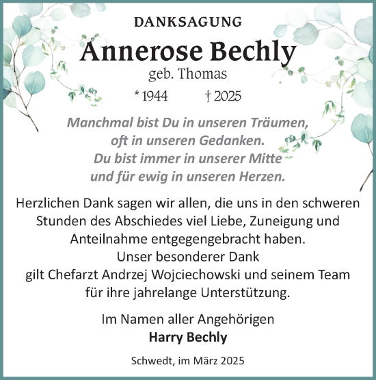Traueranzeige von Annerose Bechly von Lausitzer Rundschau