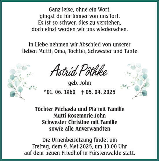 Traueranzeige von Astrid Pöthke von Lausitzer Rundschau