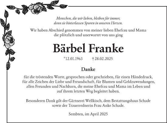Traueranzeige von Bärbel Franke von Lausitzer Rundschau