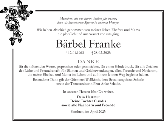 Traueranzeige von Bärbel Franke von Lausitzer Rundschau