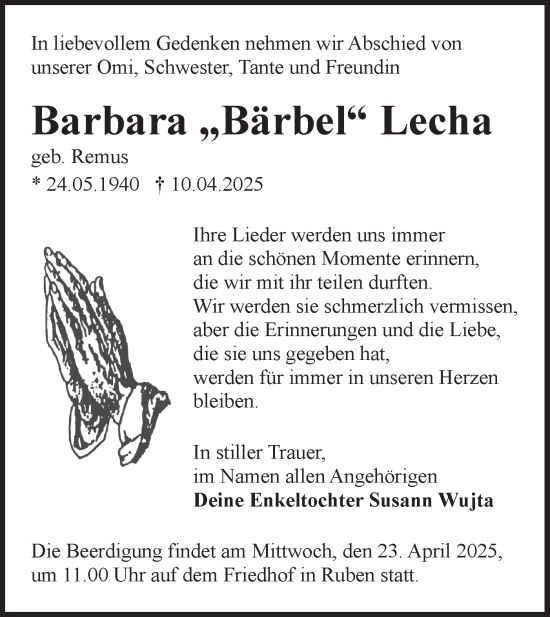 Traueranzeige von Barbara Lecha von Lausitzer Rundschau