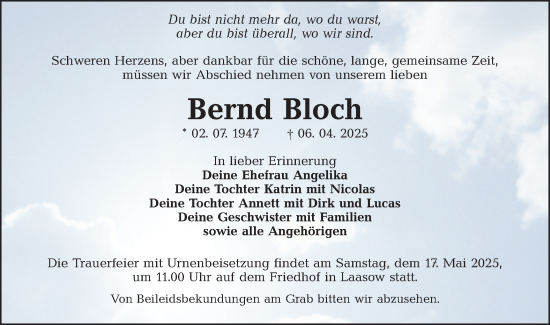 Traueranzeige von Bernd Bloch von Lausitzer Rundschau