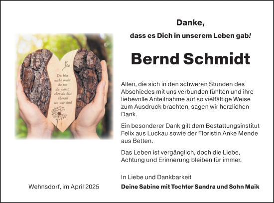 Traueranzeige von Bernd Schmidt von Lausitzer Rundschau
