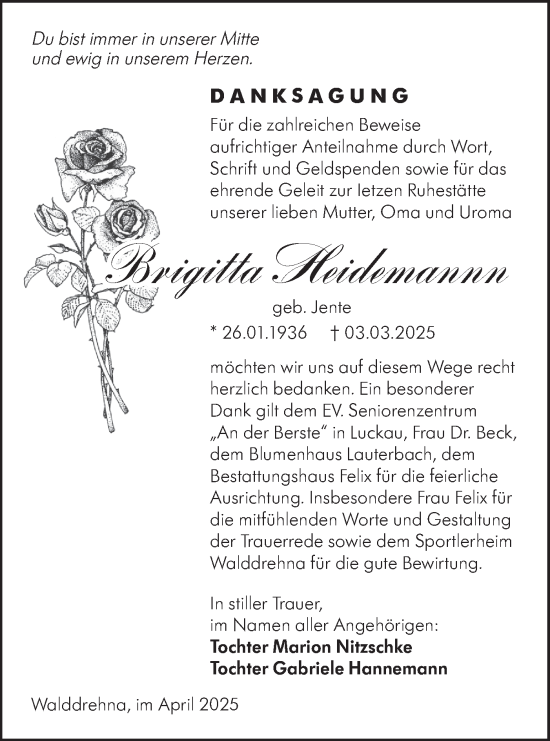 Traueranzeige von Brigitta Heidemann von Lausitzer Rundschau