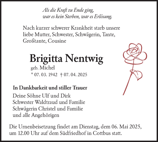 Traueranzeige von Brigitta Nentwig von Lausitzer Rundschau