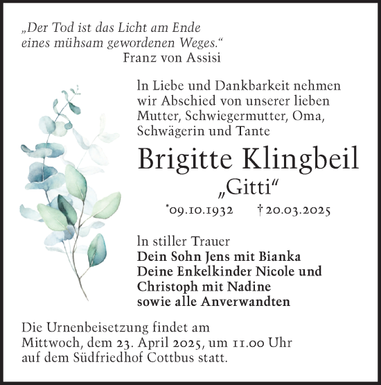 Traueranzeige von Brigitte Klingbeil von Lausitzer Rundschau
