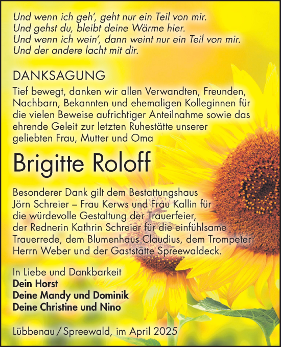 Traueranzeige von Brigitte Roloff von Lausitzer Rundschau