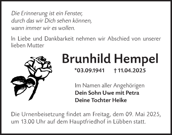 Traueranzeige von Brunhild Hempel von Lausitzer Rundschau
