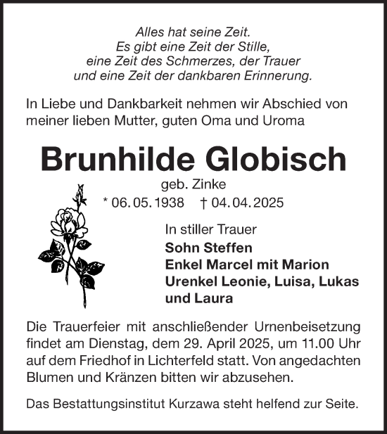 Traueranzeige von Brunhilde Globisch von Lausitzer Rundschau