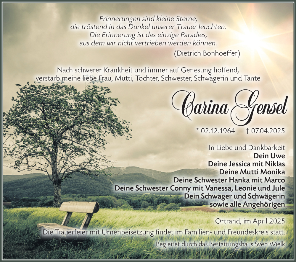  Traueranzeige für Carina Gensel vom 19.04.2025 aus Lausitzer Rundschau