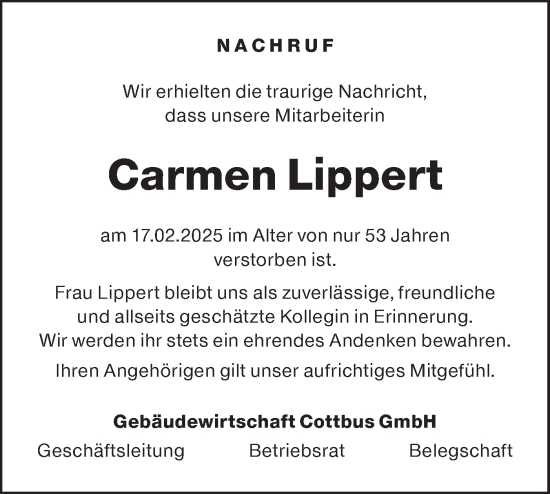 Traueranzeige von Carmen Lippert von Lausitzer Rundschau