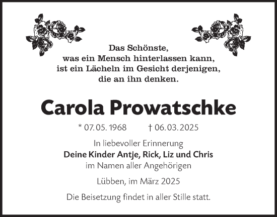 Traueranzeige von Carola Prowatschke von Lausitzer Rundschau