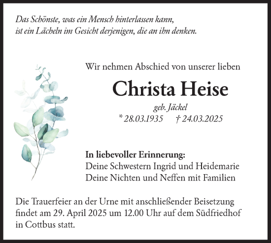Traueranzeige von Christa Heise von Lausitzer Rundschau