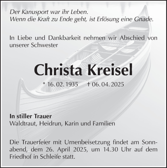Traueranzeige von Christa Kreisel von Lausitzer Rundschau