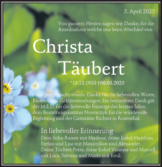 Traueranzeige von Christa Täubert von Lausitzer Rundschau