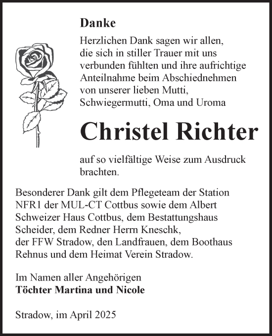 Traueranzeige von Christel Richter von Lausitzer Rundschau