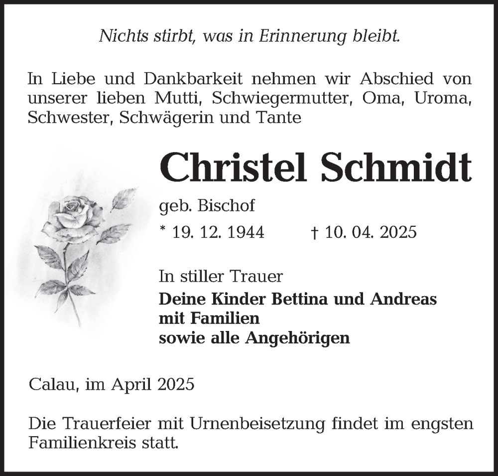  Traueranzeige für Christel Schmidt vom 26.04.2025 aus Lausitzer Rundschau