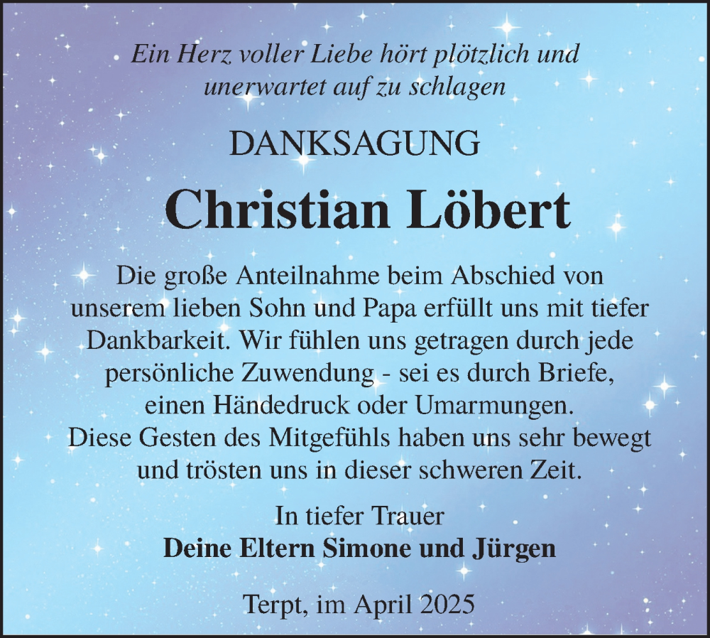  Traueranzeige für Christian Löbert vom 05.04.2025 aus Lausitzer Rundschau
