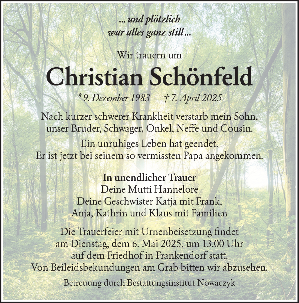  Traueranzeige für Christian Schönfeld vom 19.04.2025 aus Lausitzer Rundschau