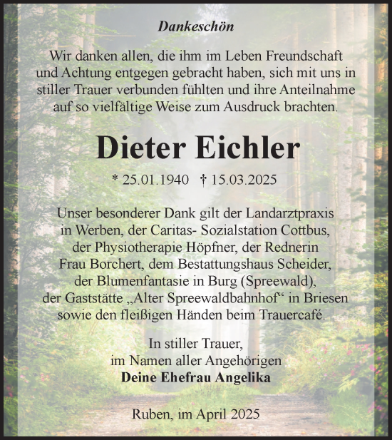 Traueranzeige von Dieter Eichler von Lausitzer Rundschau